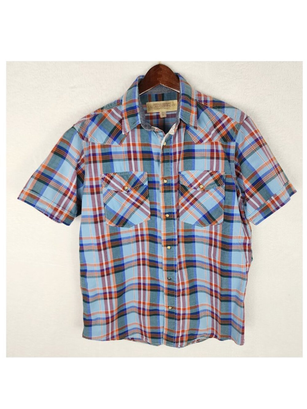 Jachs Pearl Snap Short Sleeve Shirt Men M Plaid Blue, Orange, Red Cotton
